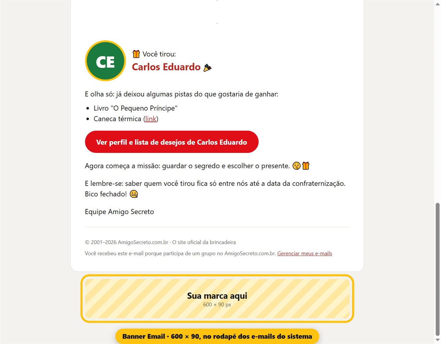 Correo de aviso de sorteo de Amigo Secreto con el banner de 600 por 90 al pie