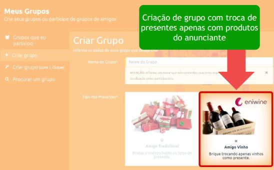 Creación de grupo en el sitio anterior de Amigo Secreto, con la opción de grupo temático Amigo Vinho, de Eniwine