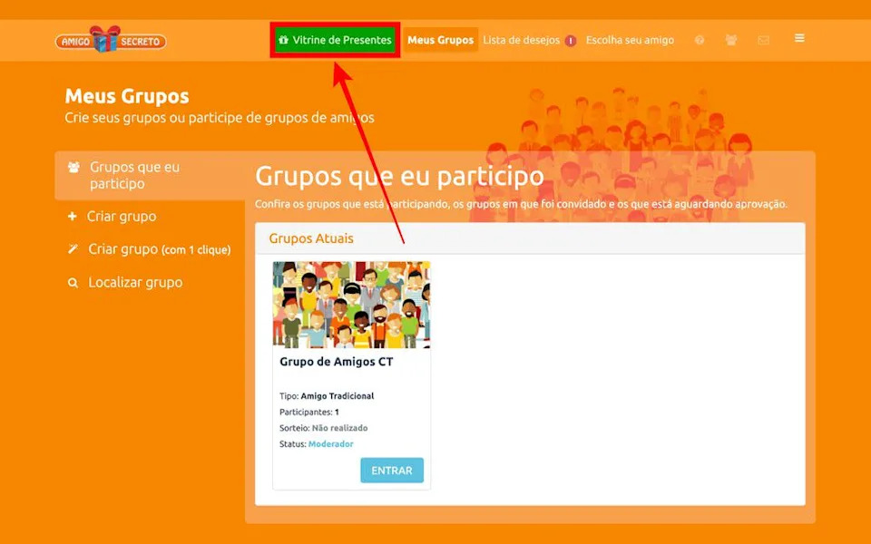 Acesse a opção &quot;Vitrine de Presentes&quot; para adicionar itens à sua lista de presentes de amigo secreto (Captura de tela: Caio Carvalho)