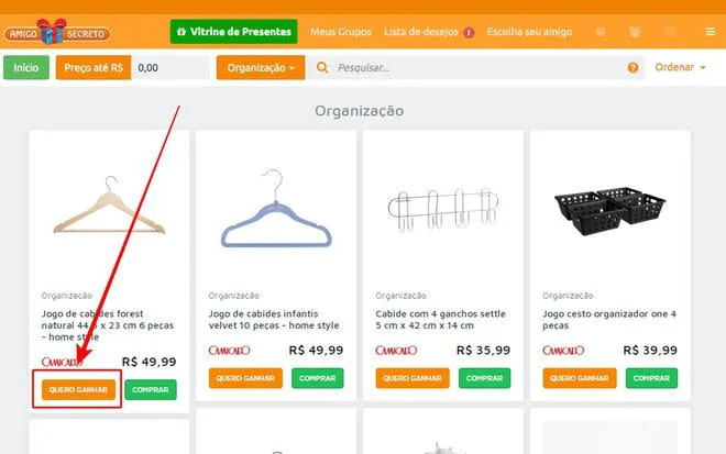 Toda vez que se interessar por algum presente de amigo secreto, selecione a opção &quot;Quero ganhar&quot; (Captura de tela: André Magalhães)